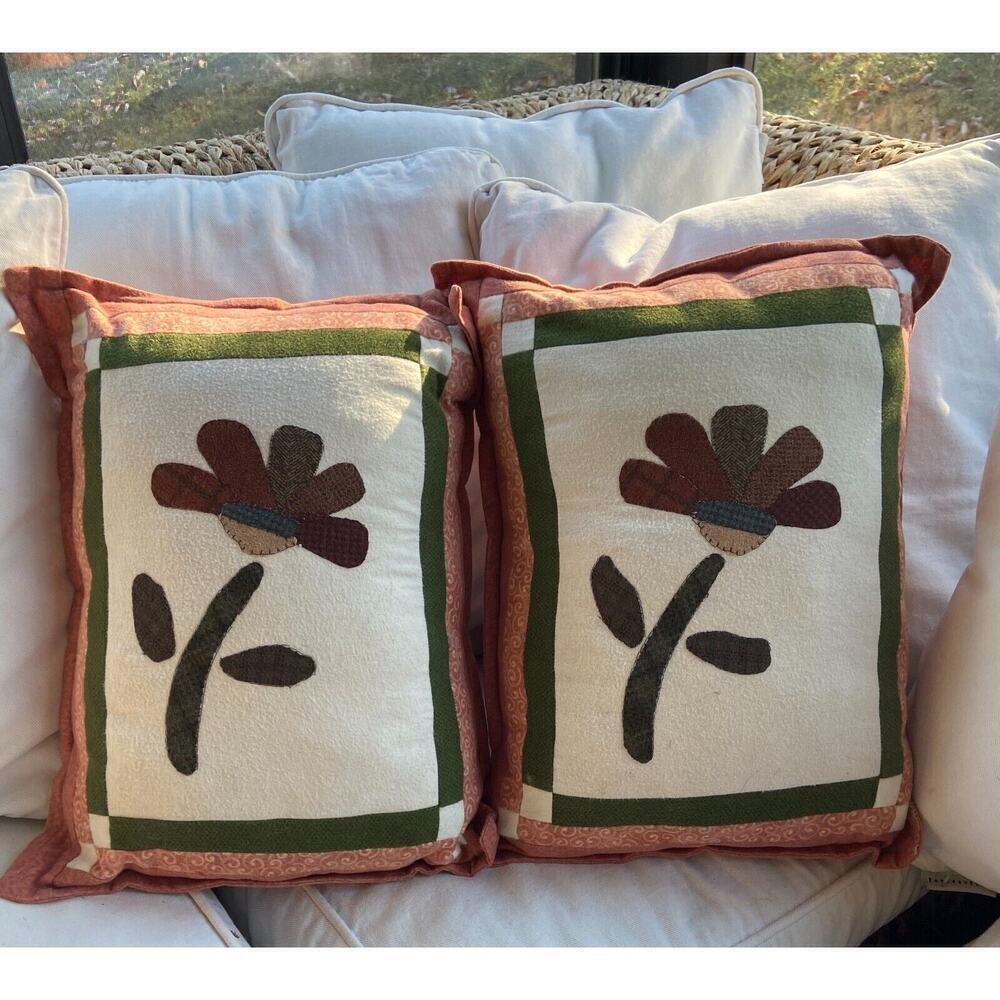 Handmade Pink Pillows With Quilted Flower In Shades of Green And Brown